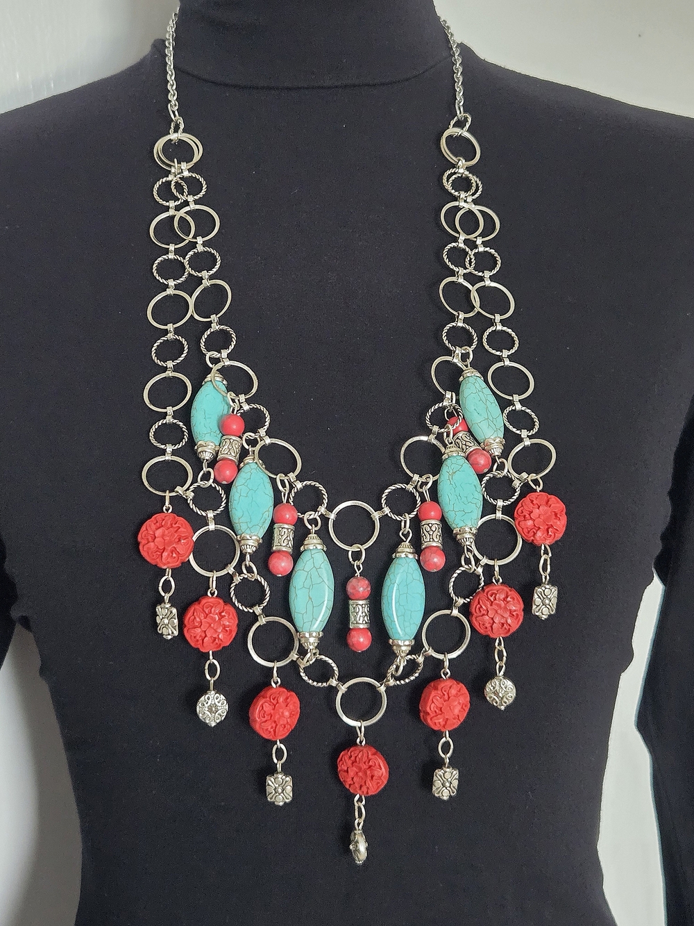 Y2K Southwest Carved Cinnabar Turquoise Beaded Mixed Link Bib Statement Necklace